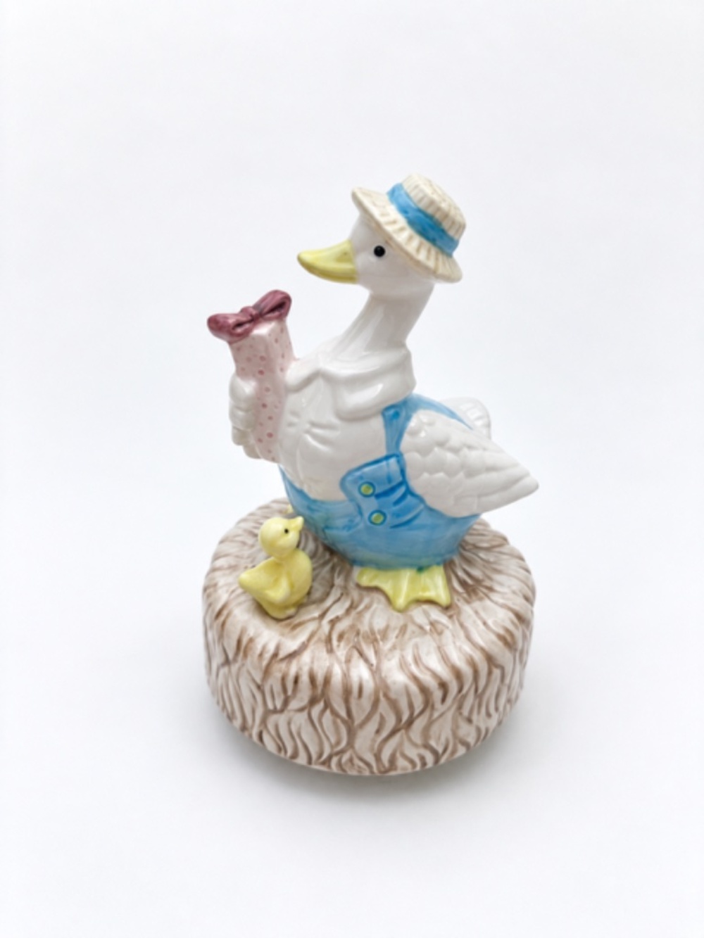 Vintage Duck or Goose Rotating Music Box Ceramic Figurine Blue Musical